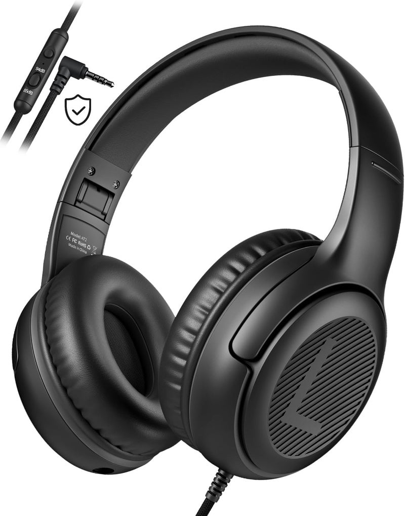 awatrue Kids Headphones Wired Toddler Headphones with Microphone - Over-Ear Headphones, 85/94dB Volume-Limiting, 3.5mm Jack Foldable On-Ear Design, Safe Comfortable for Boys Girls Learning Entertainment Black - Image 1
